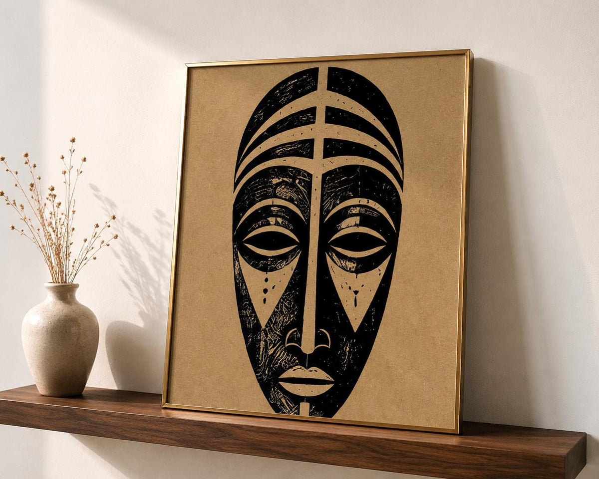 African Tribal Mask Wall Art Print, Minimalist Afrocentric Decor Poster