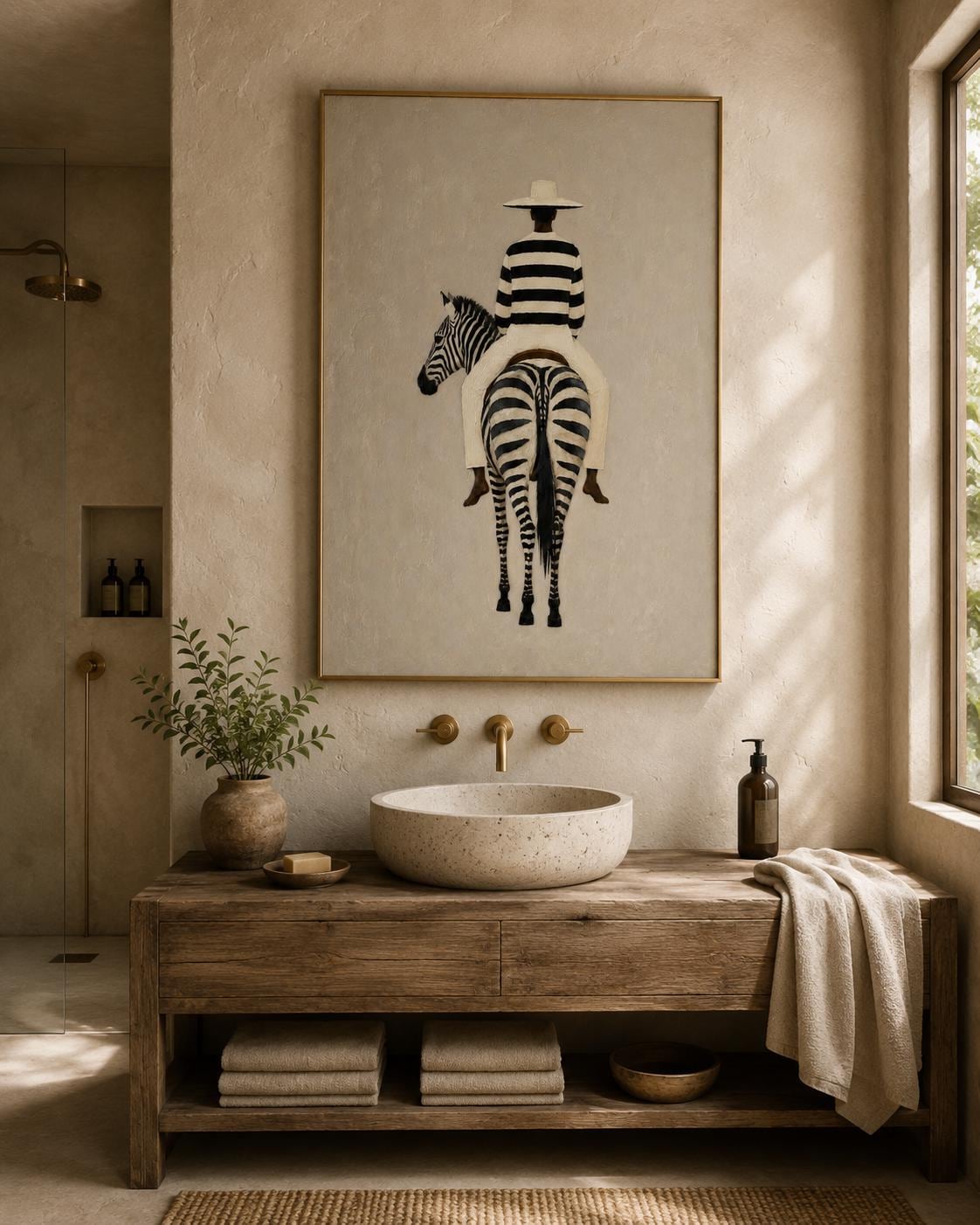Afrocentric Zebra Art Print, Black Woman Riding Zebra, Neutral Safari  Artwork