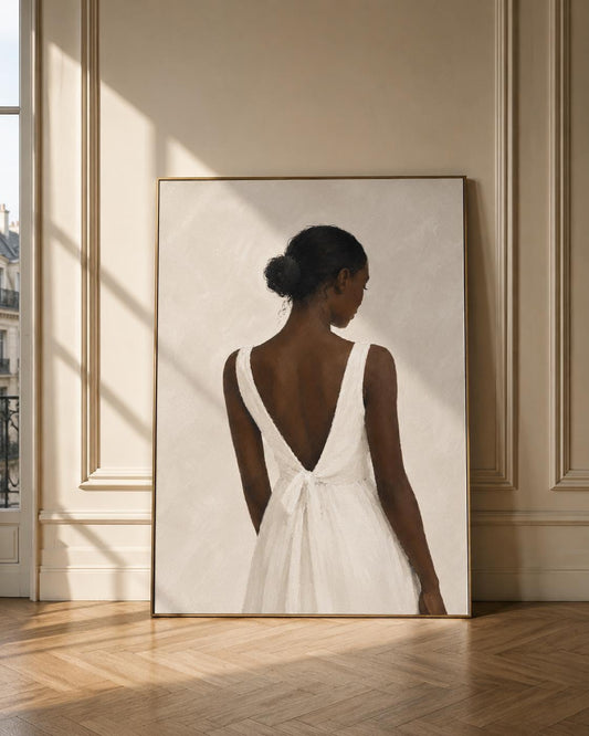 Minimalist Black Woman Portrait Print, Elegant White Dress Artwork, Neutral Wall Decor