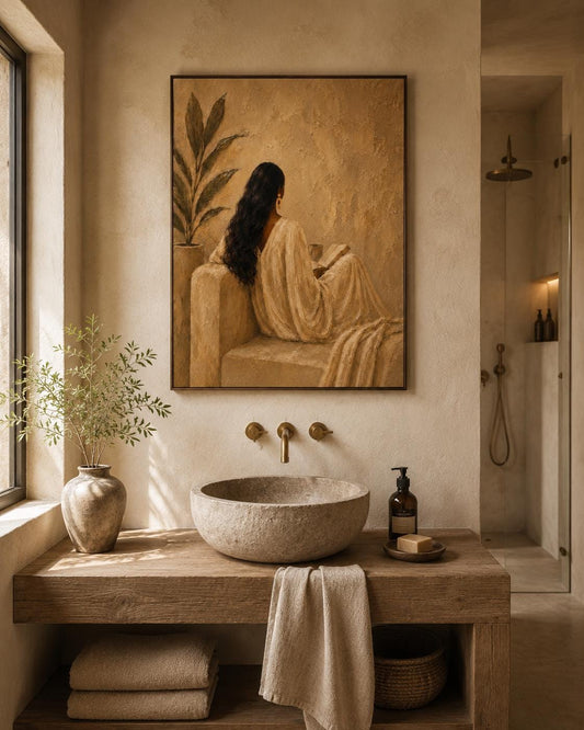 African Woman Reading Wall Art, Minimalist Afrocentric Painting, Neutral Beige Decor
