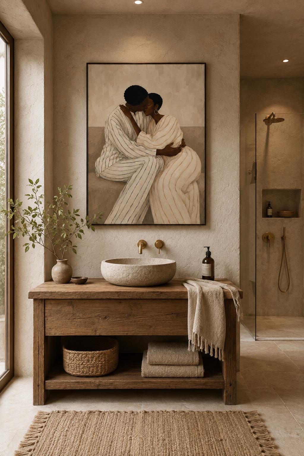 Afrocentric Couple Wall Art, Romantic Black Love Print, Beige Modern Home Decor