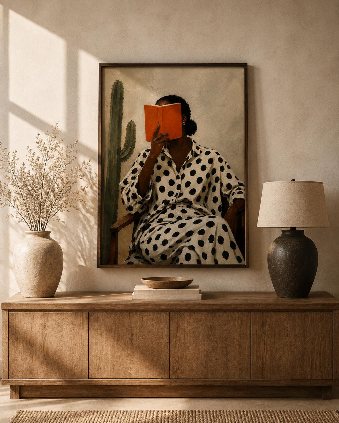 African Woman Reading Wall Art, Neutral Boho Home Decor Print