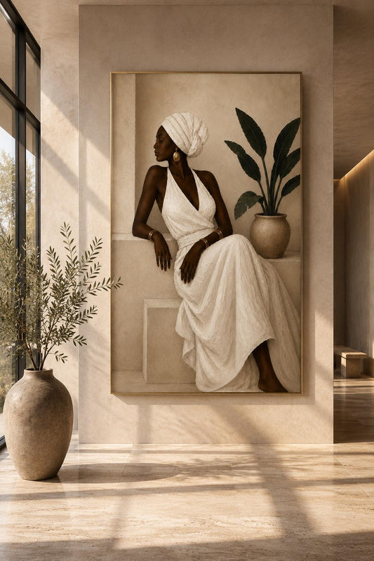 African Woman Wall Art, Neutral Afrocentric Painting, Black Woman Print, Beige Decor