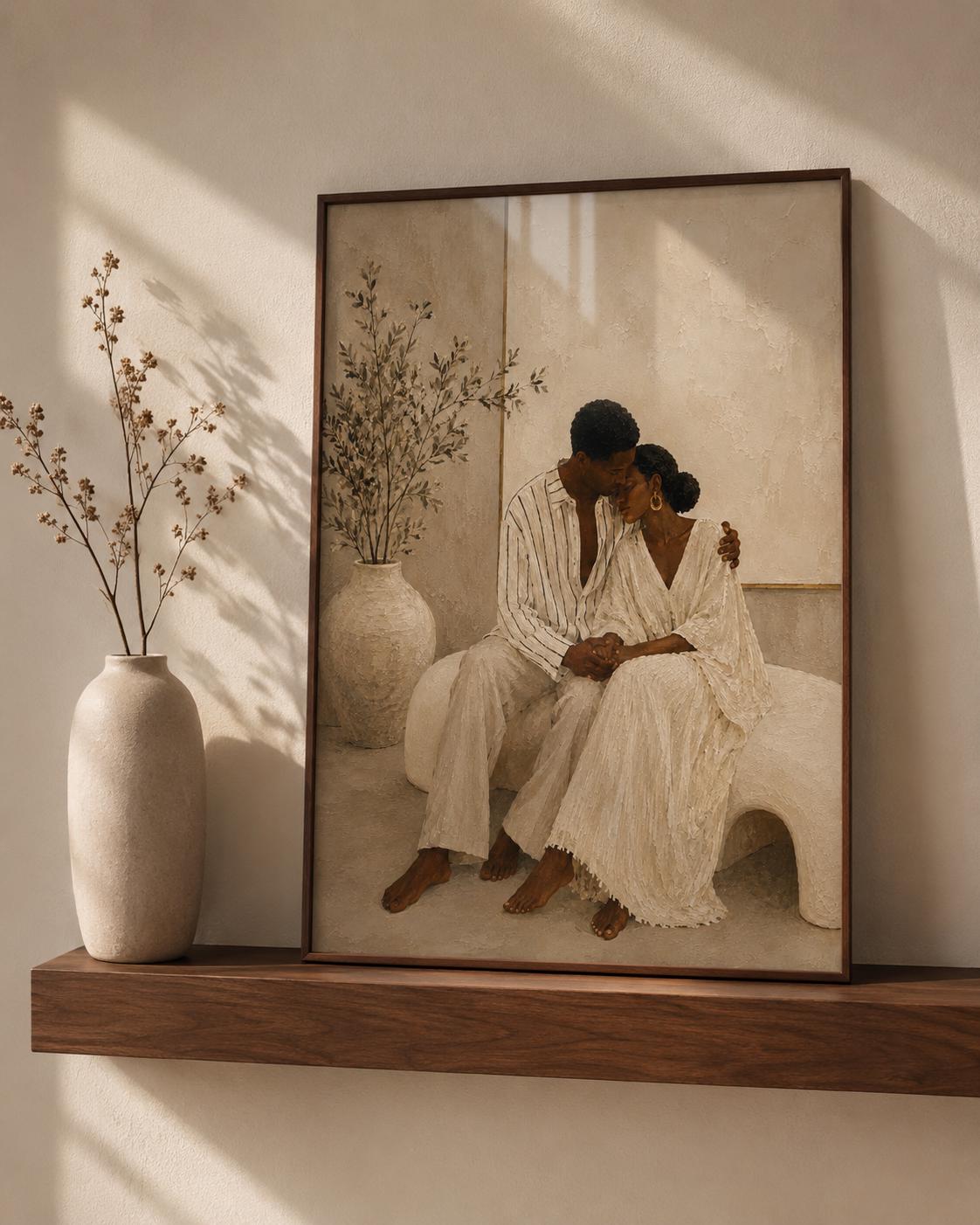 Black Couple Art Print, Romantic Wall Decor, Afrocentric Love Painting