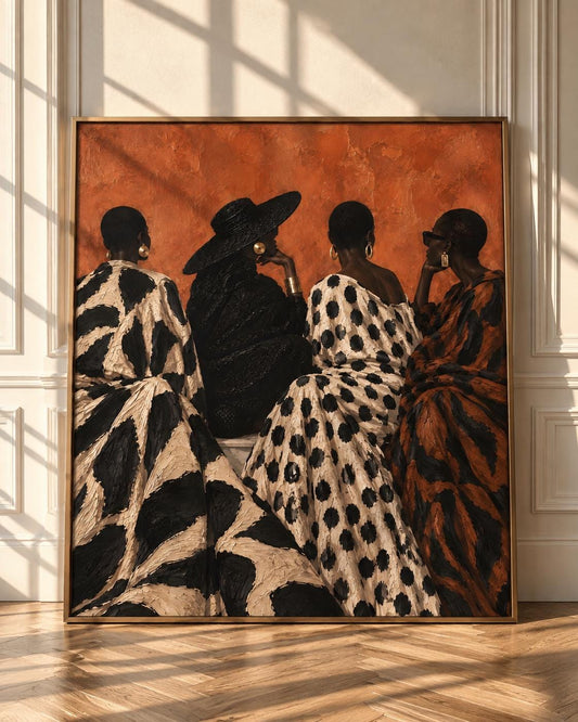 Black Women Fashion Art Print, Afrocentric Wall Art, Burnt Orange Background