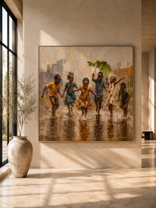African Children Playing in Rain Wall Art Print, Joyful Childhood Painting, African Village Decor