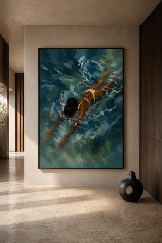 Abstract Swimmer Wall Art, Coastal Blue Seascape Print, Luxury Beach Decor
