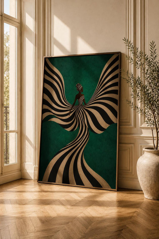 Woman Afrocentric Wall Art: Female Figure Black Painting Print, Emerald Green Decor