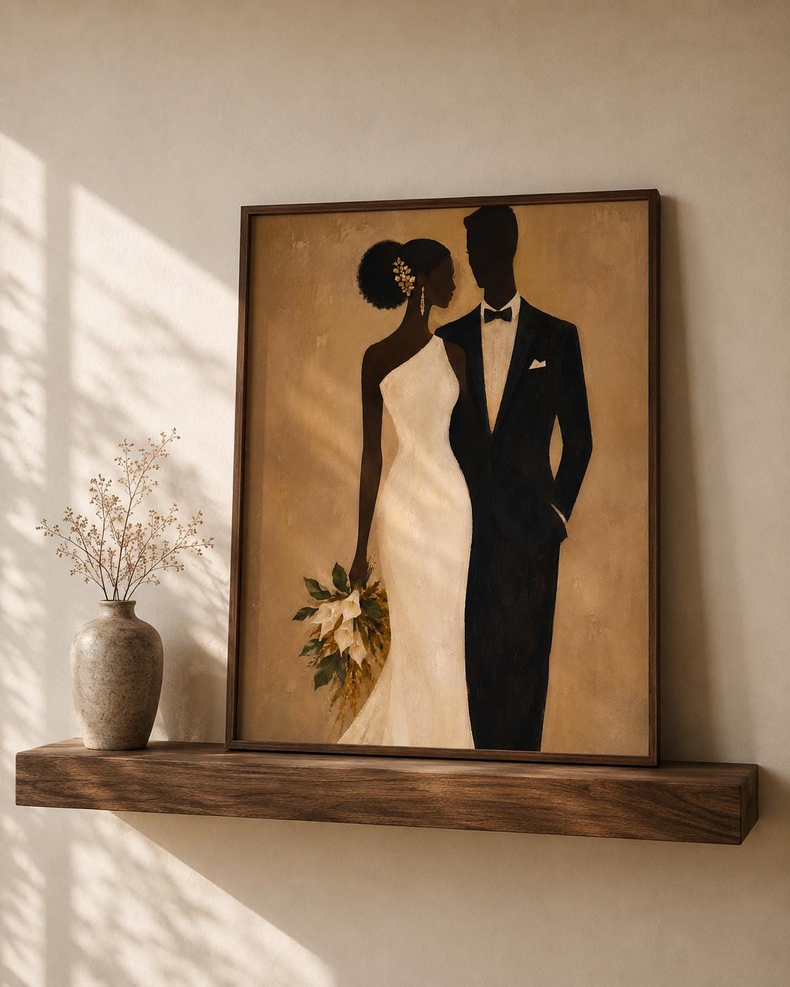 Afrocentric Wedding Couple Art, Elegant Black Bride Groom Print, Modern Neutral Decor