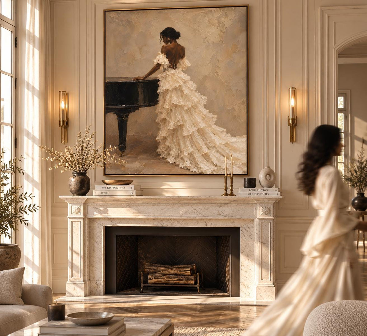 Elegant Black Woman Piano Portrait, Neutral Feminine Wall Art Print