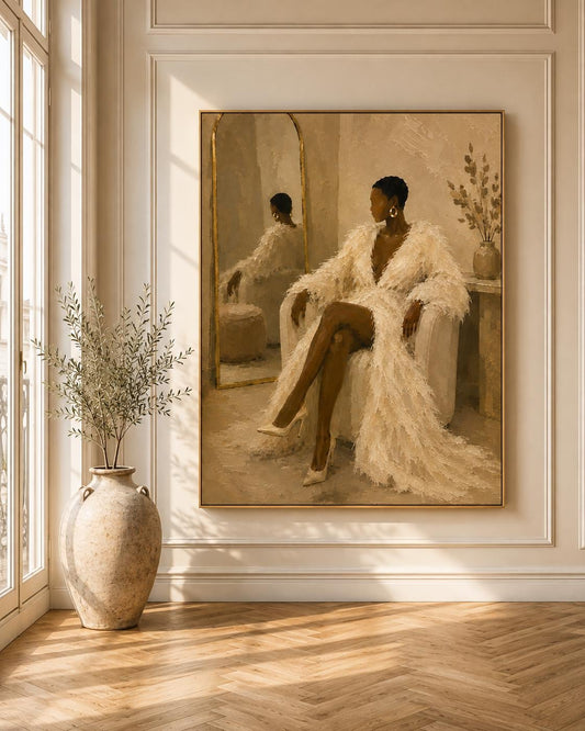 Black Woman Art Print, Neutral Beige Painting, Modern Feminine Artwork