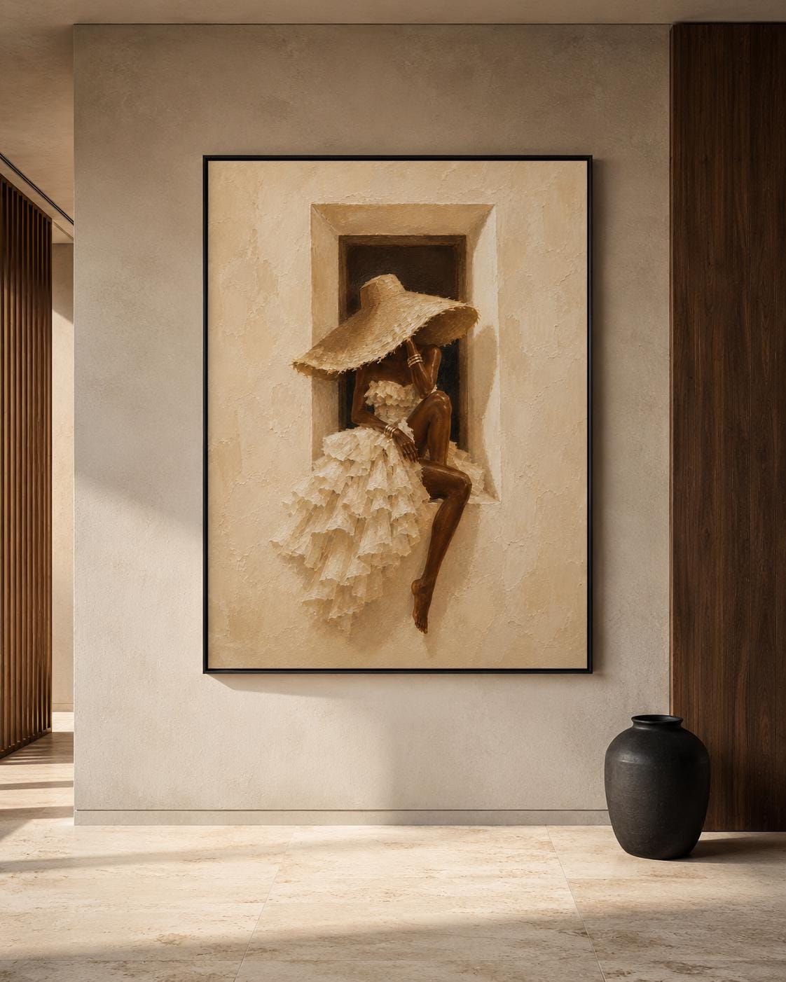 Elegant Black Woman Wall Art Print, Neutral Afrocentric Fashion Poster