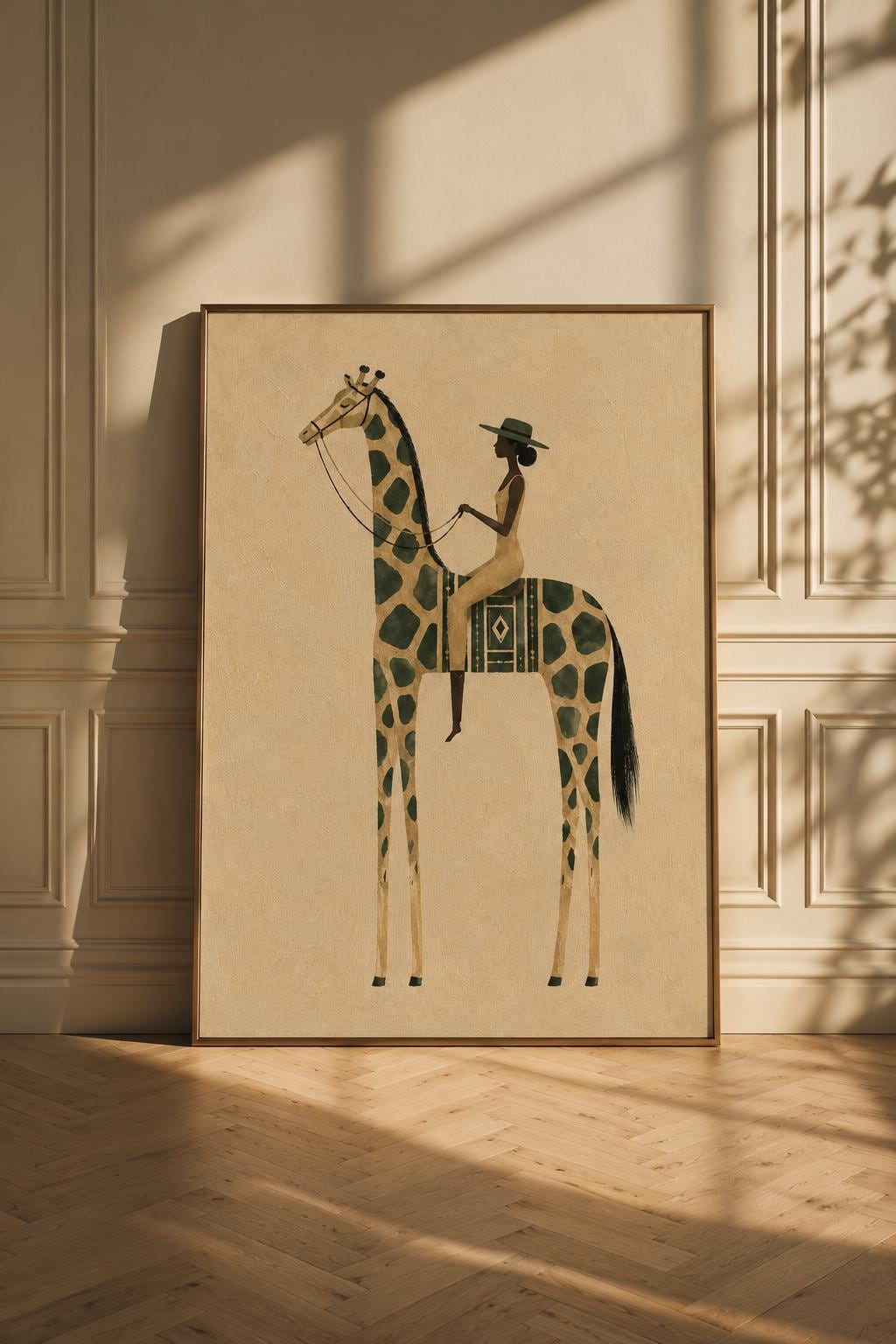 Afrocentric Giraffe Wall Art, Black Woman Riding Giraffe Print, Neutral Safari, Minimalist Home Decor