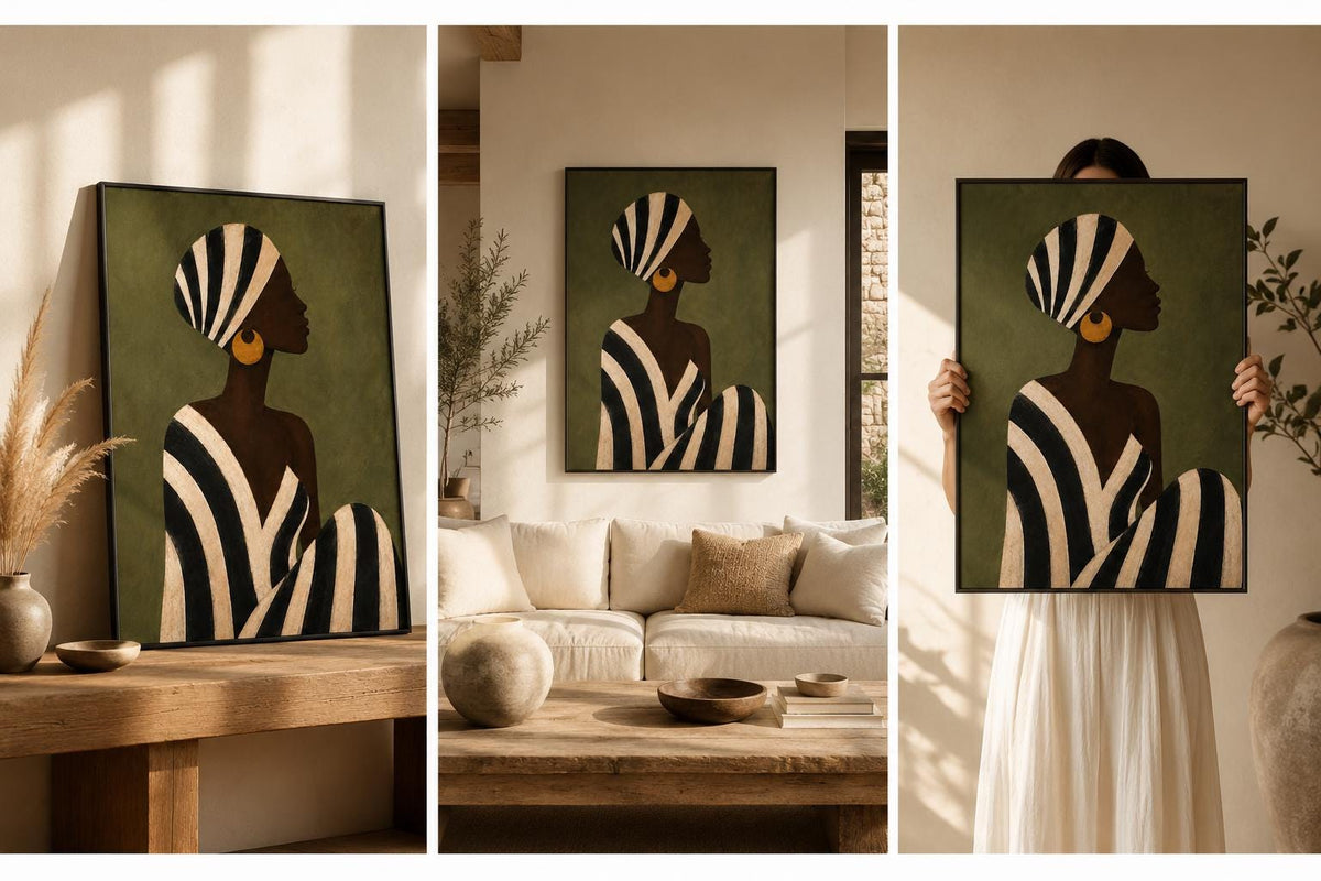 Woman Afrocentric Wall Art: Female Figure Black Painting Print, Emerald Green Decor