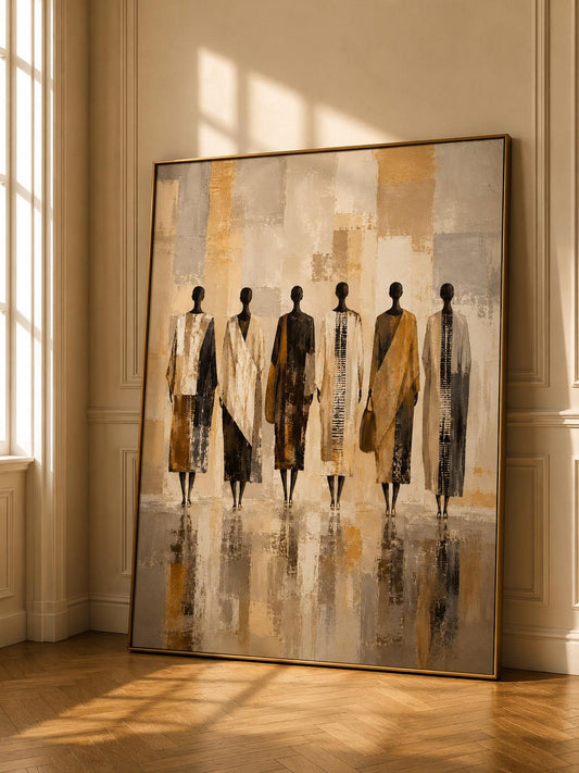 Abstract African Figures Wall Art, Neutral Beige Earth Tone Canvas Print