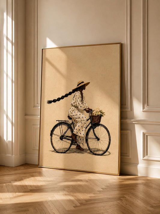 African Woman Bicycle Print, Polka Dot Dress, Beige Wall Art Poster