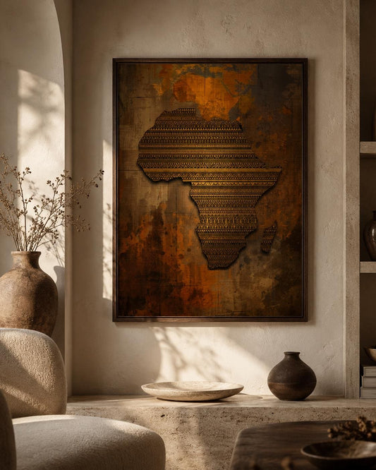 Africa Map Wall Art, Amber Bronze Cultural Decor, Modern Home Print