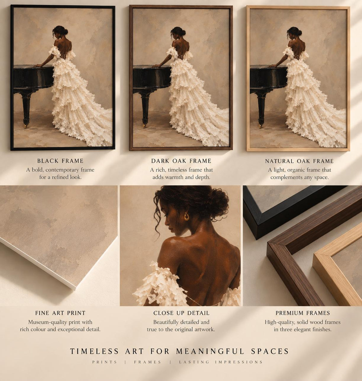 Elegant Black Woman Piano Portrait, Neutral Feminine Wall Art Print