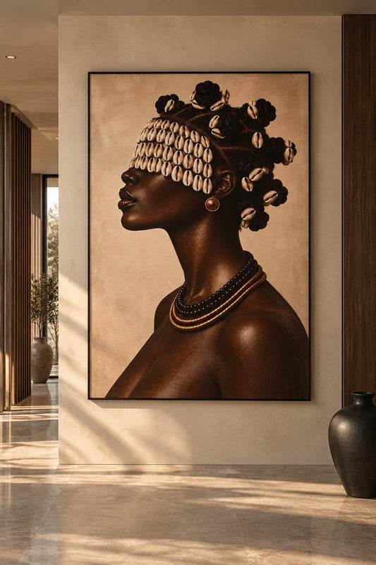 African Cowrie Shell Portrait, Black Woman Art, Neutral Home Decor