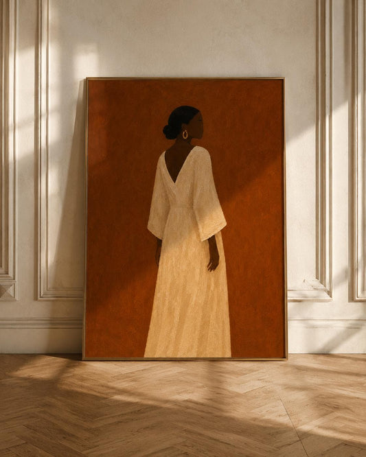 Black Woman Portrait Print, Burnt Orange Background, Cream Dress