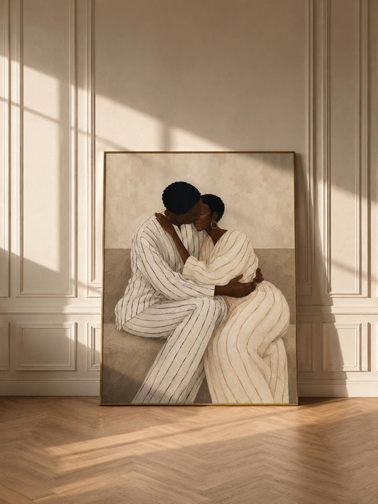 Afrocentric Couple Wall Art, Romantic Black Love Print, Beige Modern Home Decor