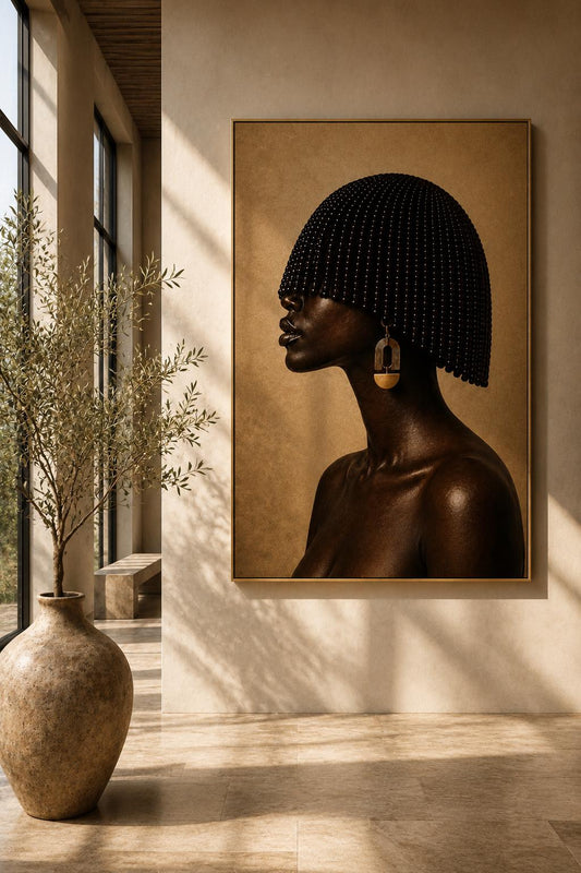African Beaded Portrait Print, Black Woman Art, Neutral Beige Afrocentric Decor