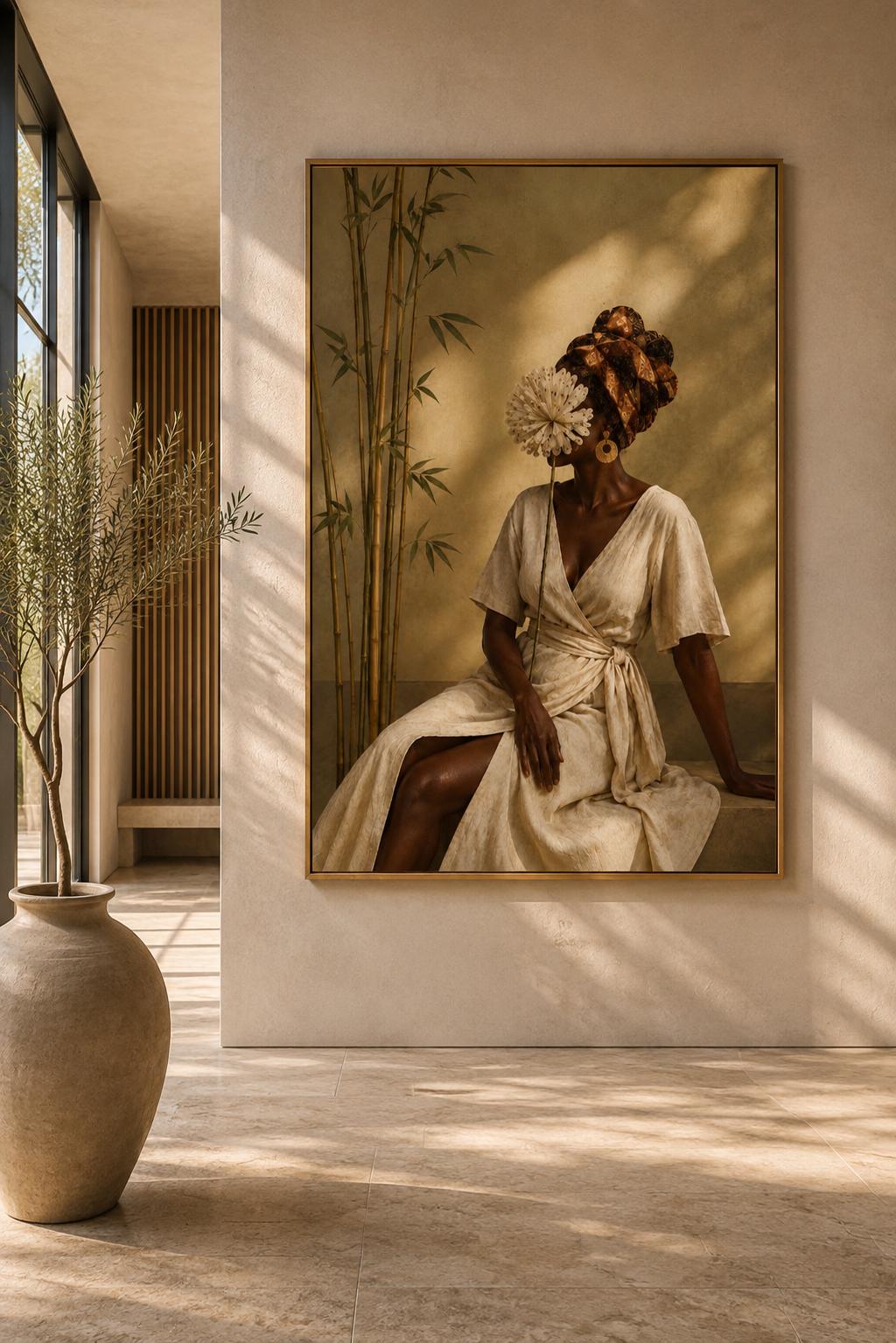 African Woman Portrait Print, Neutral Boho Linen Dress Artwork