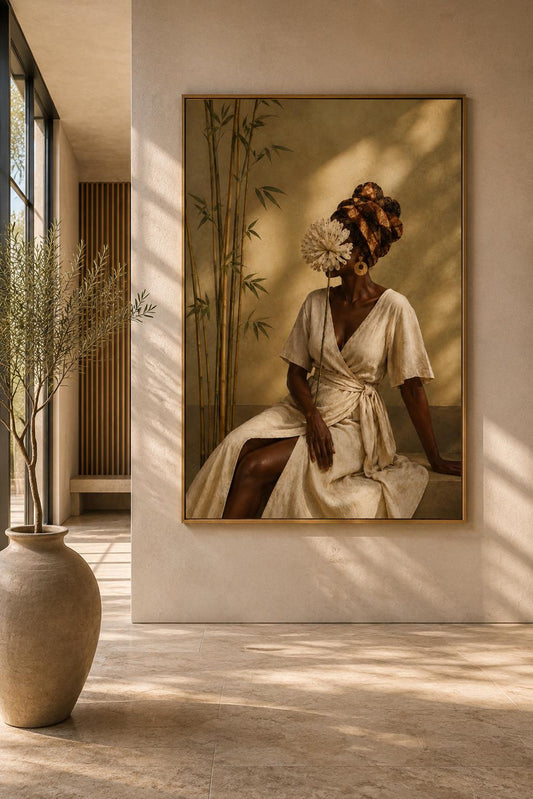 African Woman Portrait Print, Neutral Boho Linen Dress Artwork