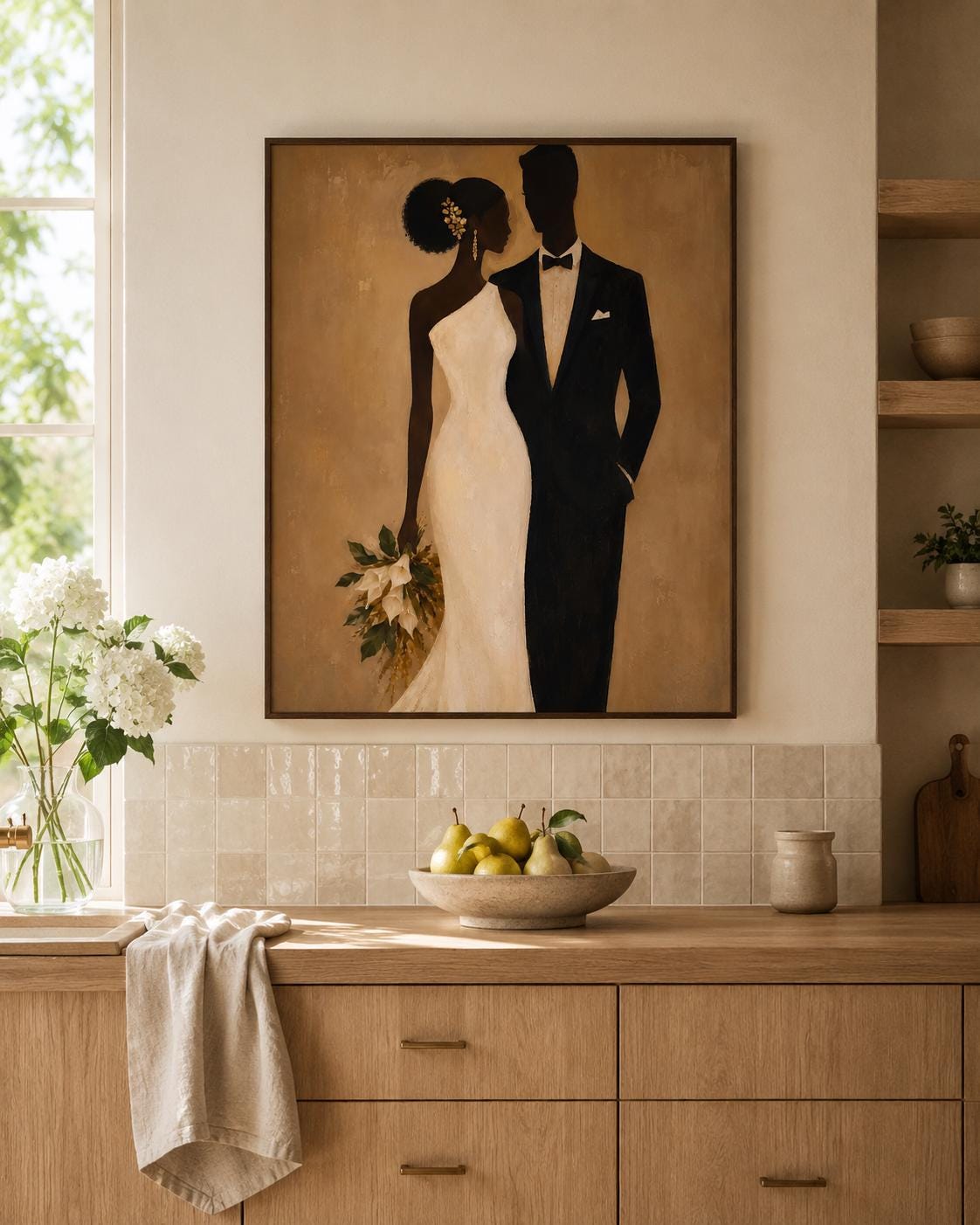Afrocentric Wedding Couple Art, Elegant Black Bride Groom Print, Modern Neutral Decor