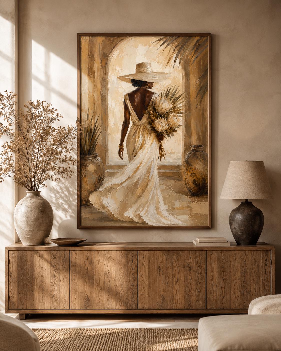 African Woman Wall Art Print | Neutral Boho Afrocentric Painting, Elegant Decor