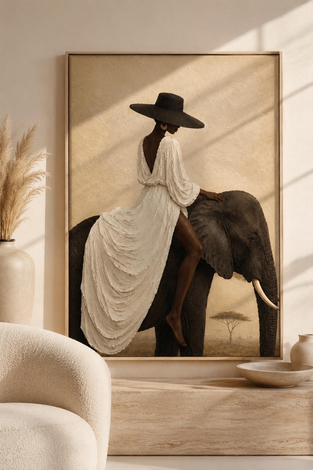 Afrocentric Woman Elephant Wall Art, Luxury Safari, Neutral Beige Melanin Beauty