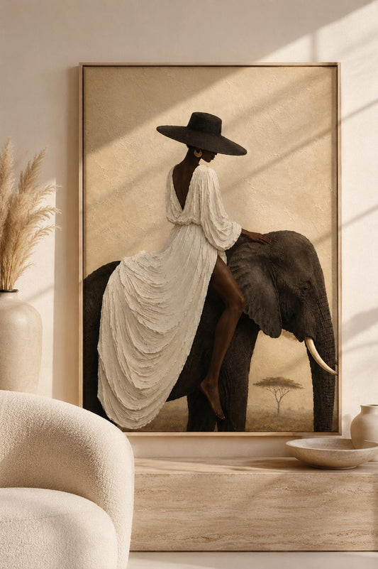 Afrocentric Woman Elephant Wall Art, Luxury Safari, Neutral Beige Melanin Beauty