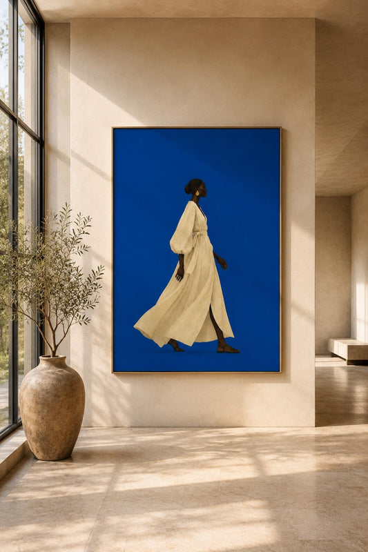 African Woman Blue Wall Art Print, Luxury Black Woman Portrait, Modern Minimalist Home Decor