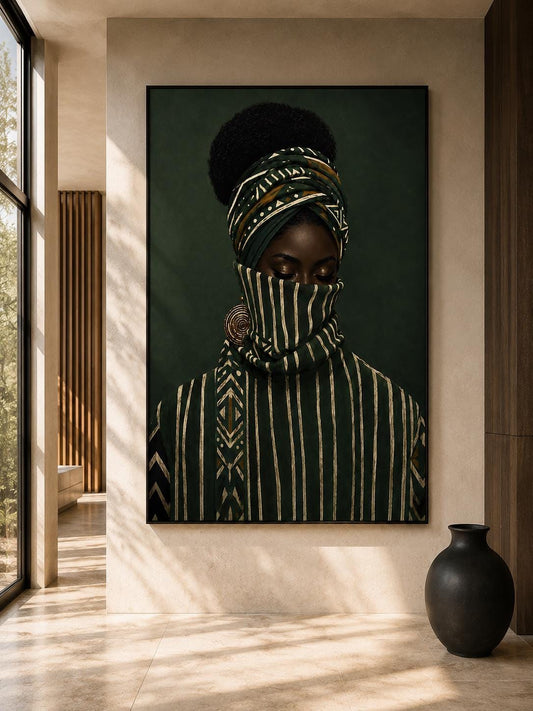 Woman Afrocentric Wall Art: Female Figure Black Painting Print, Emerald Green Decor