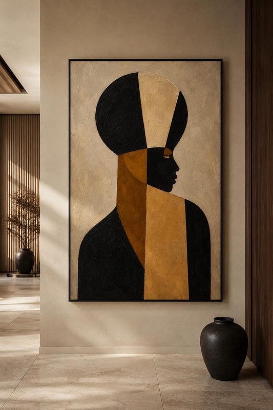 Abstract African Woman Portrait Print, Geometric Afrocentric Wall Art, Black Beige Artwork