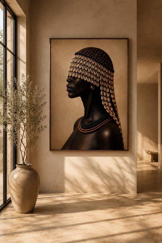 Afrocentric Beaded Portrait Print, Black Woman Wall Art, Neutral Beige Decor (Satin Finish)