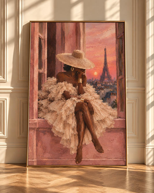Black Woman Paris Wall Art, Afrocentric Fashion Print, Framed Canvas