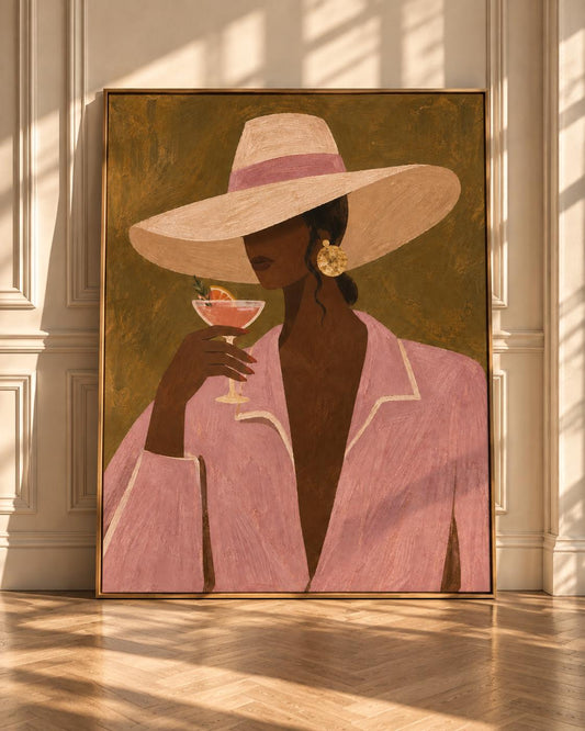 Black Woman Cocktail Art, Pink Blazer, Oversized Hat, Afrocentric Decor
