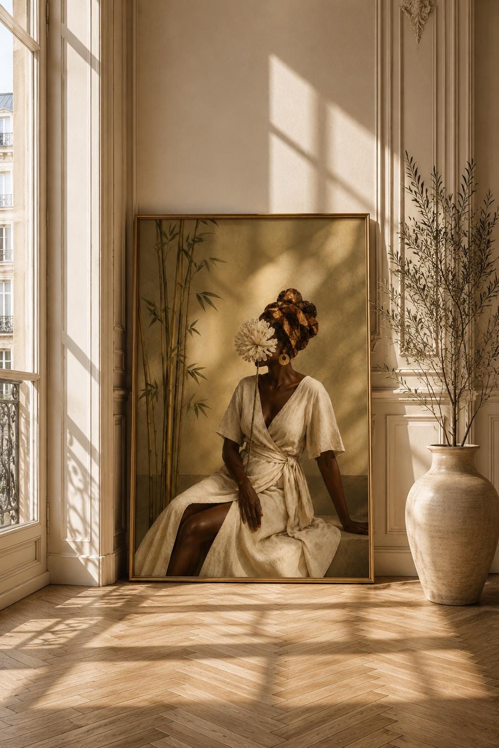 African Woman Portrait Print, Neutral Boho Linen Dress Artwork