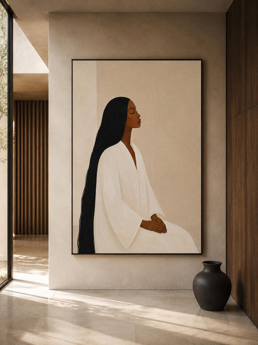 Minimalist Black Woman Portrait Print, Neutral Beige African Style Home Decor
