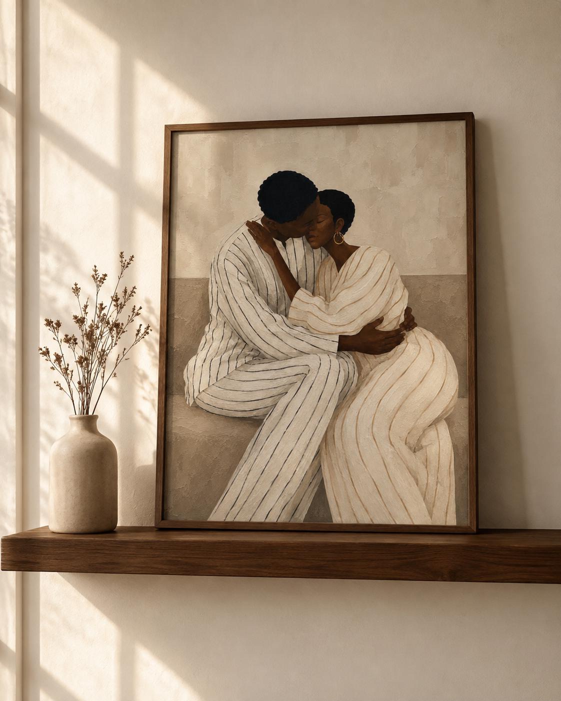 Afrocentric Couple Wall Art, Romantic Black Love Print, Beige Modern Home Decor