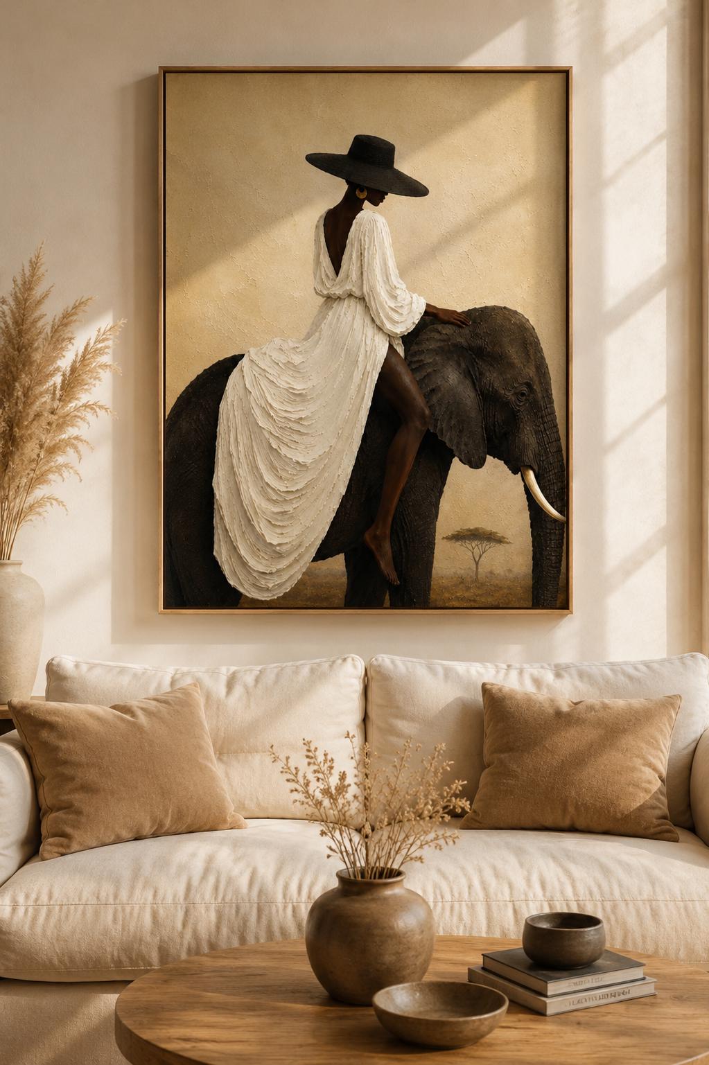 Afrocentric Woman Elephant Wall Art, Luxury Safari, Neutral Beige Melanin Beauty