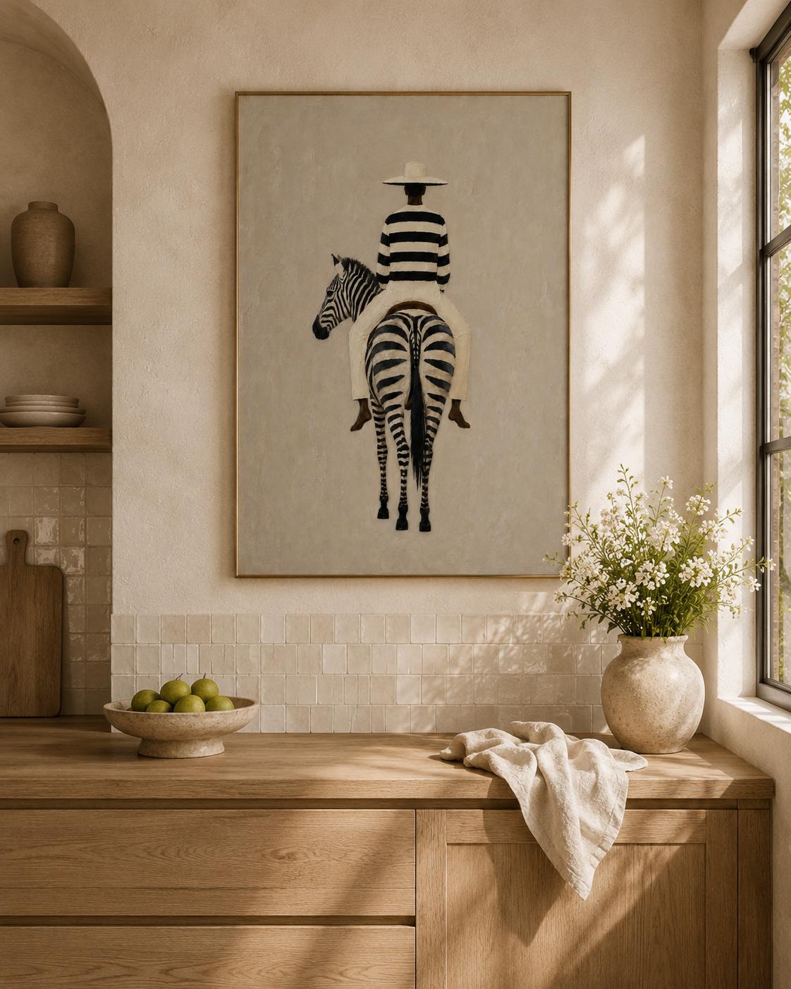 Afrocentric Zebra Art Print, Black Woman Riding Zebra, Neutral Safari  Artwork