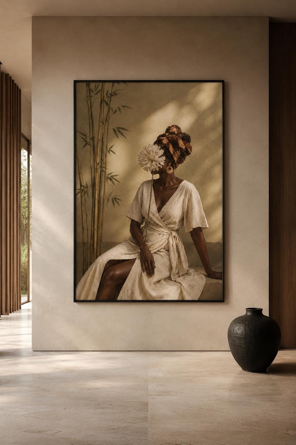 African Woman Portrait Print, Neutral Boho Linen Dress Artwork