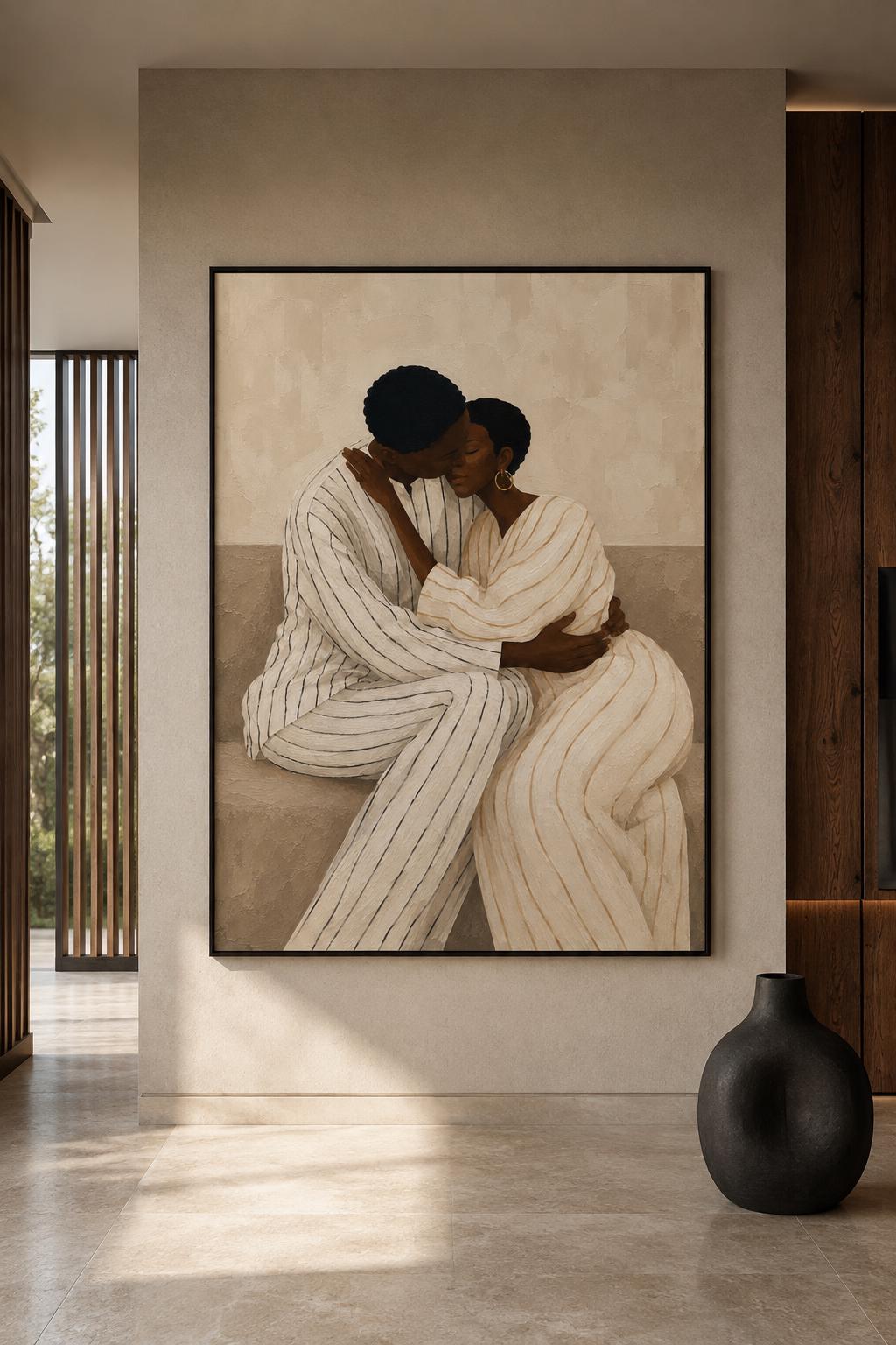 Afrocentric Couple Wall Art, Romantic Black Love Print, Beige Modern Home Decor