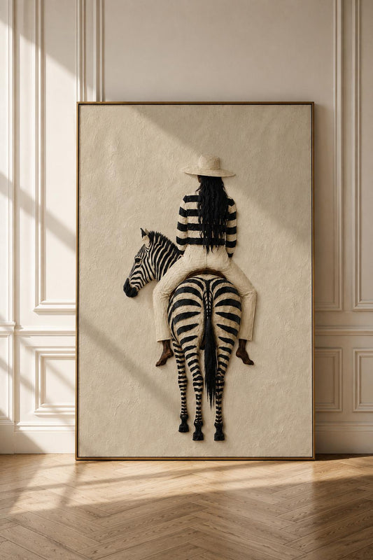 Zebra Rider Wall Art, Minimalist Safari Painting, Neutral Beige Decor, Contemporary Poster