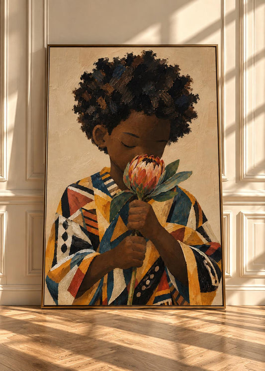 Black Boy Wall Art, African American Art, Afrocentric Art Print, Black Child Portrait, Protea Flower Art, African Home Decor