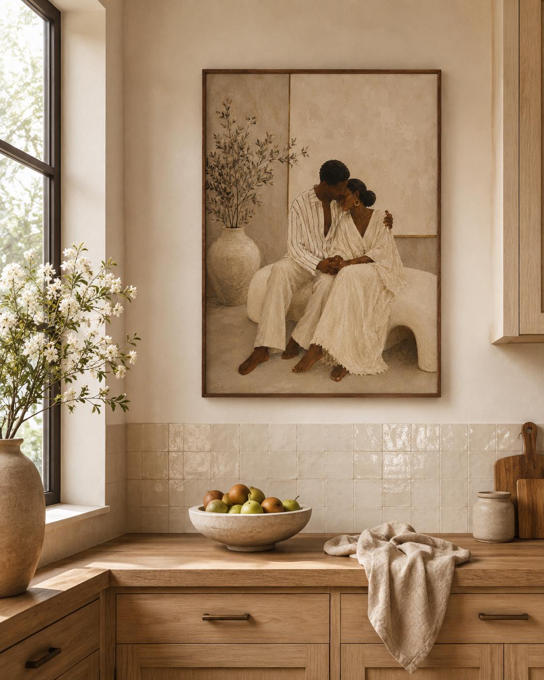 Black Couple Art Print, Romantic Wall Decor, Afrocentric Love Painting
