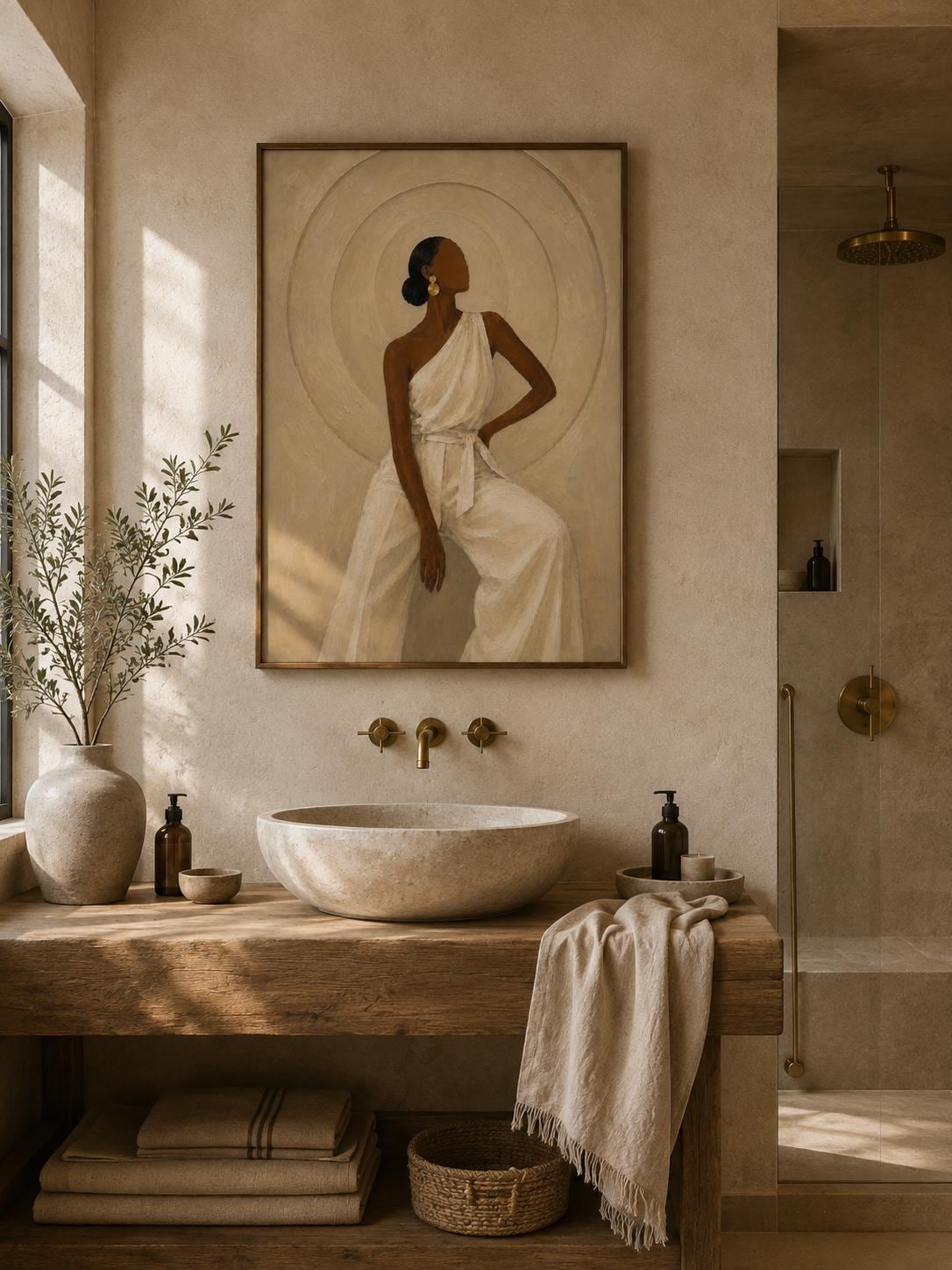 Elegant Black Woman Art Print, Afrocentric Minimalist Beige Wall Decor