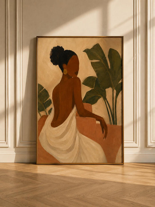 Black Woman Portrait Art Print, Earthy Feminine Botanical Decor